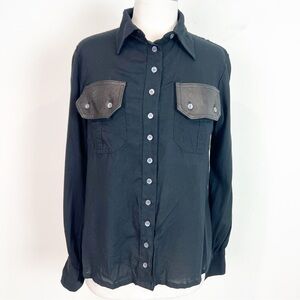 MORRISON GREY BLACK BLOUSE FAUX LEATHER FLAP BREAST POCKETS WOMENS SZ XS